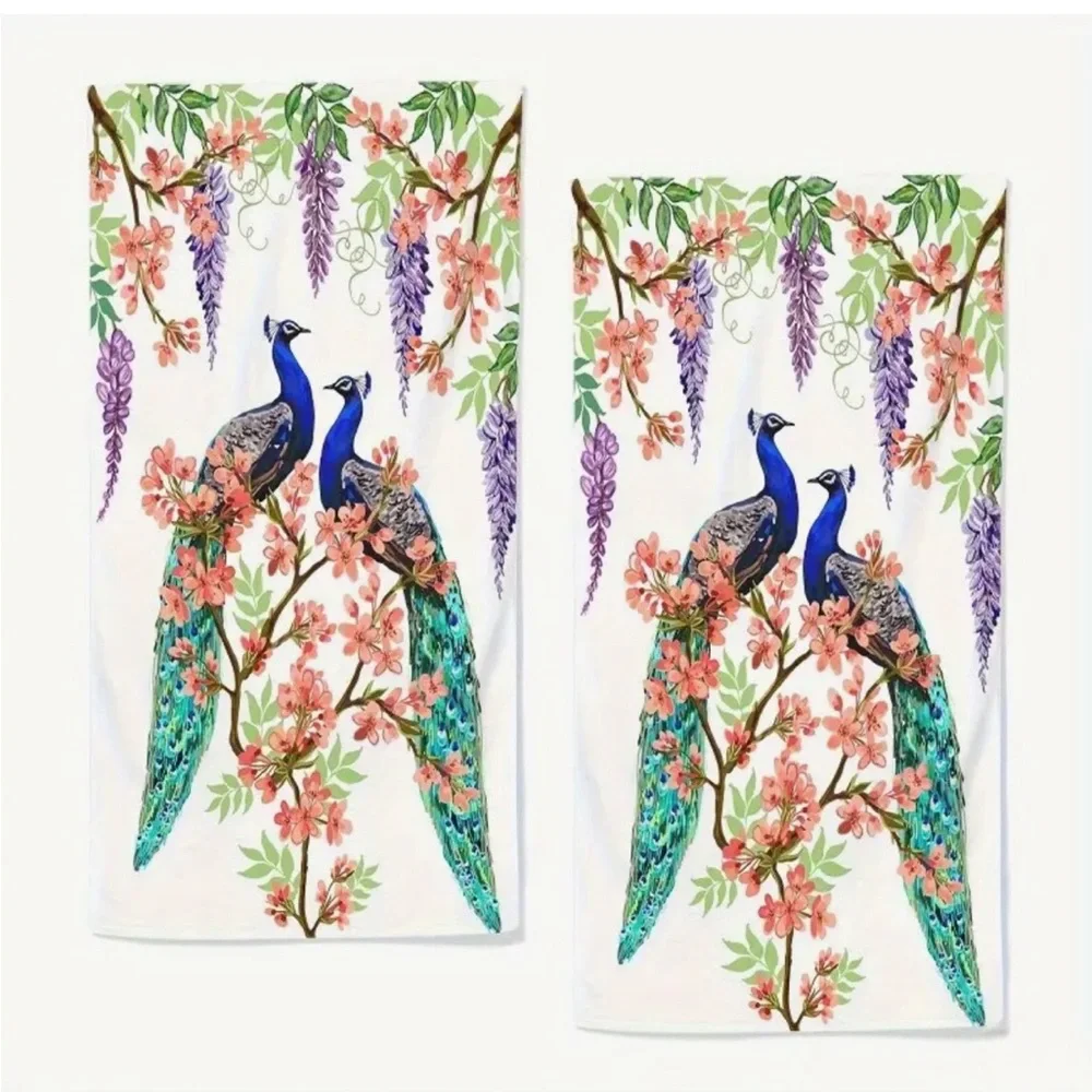 Luxurious Peacock Floral Bathroom/Kitchen Hand Towels, 2 ct